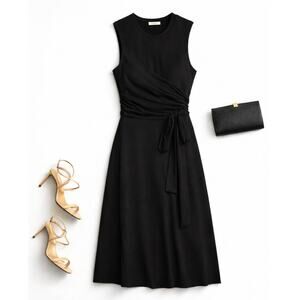 NWT Sandro Paris Trudy Black Ruched Tie Waist Midi Dress EU 40 US 8